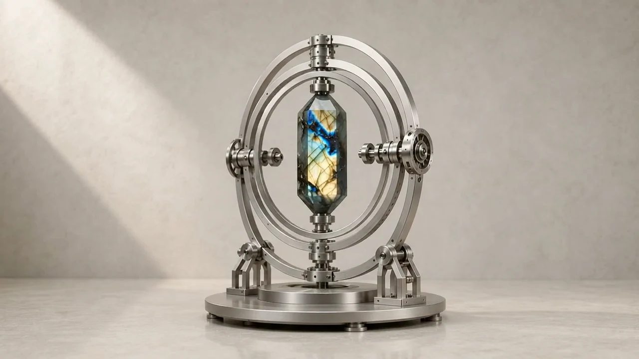 Labradorite held in sculptural metal gimbals
