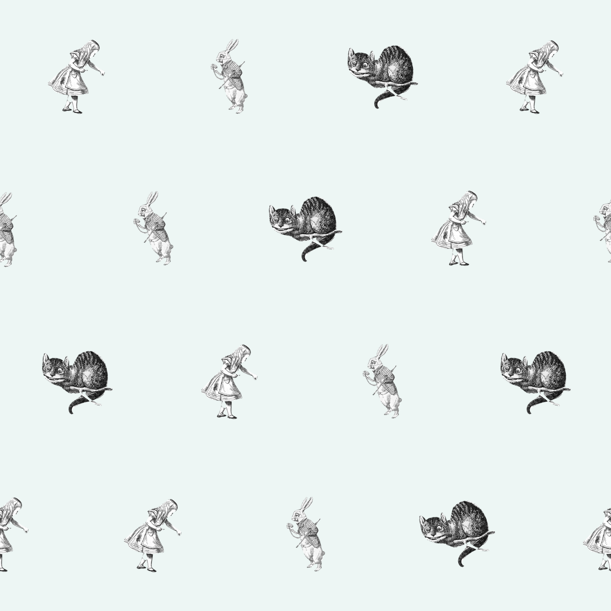 Medoro repeating pattern with Alice, the White Rabbit and the Cheshire Cat on pale mint